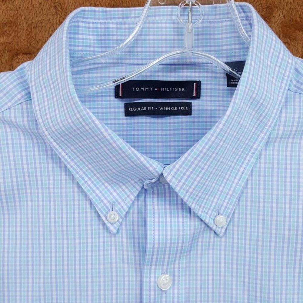 TOMMY HILFIGER Dress Shirt Size 17 32 33 Blue Check Regular Fit Wrinkle Free